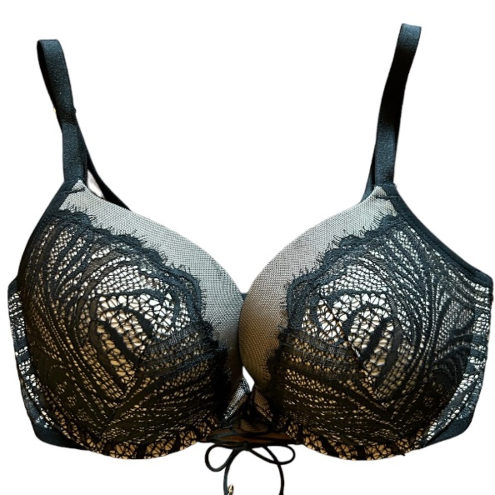 Victoria’s Secret Very Sexy Push-up 32DD Bra Black Lace Rhinestone Tie Romantic
